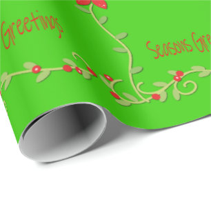 Green Floral Season's Greetings Wrapping Paper