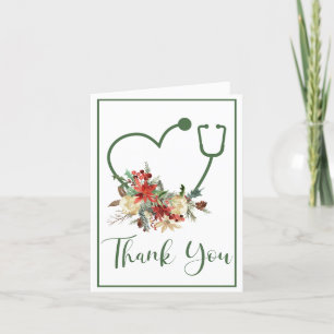 Green Floral Stethoscope Heart Holiday Thank You Card