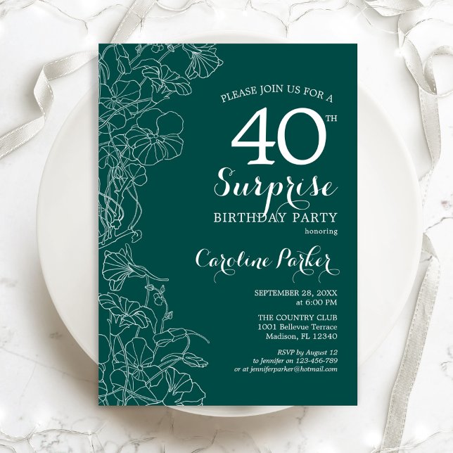 Green Floral Surprise 40th Birthday Party Invitation (Creator Uploaded)