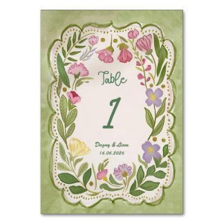 Green Floral Table Number Template, Hand drawn