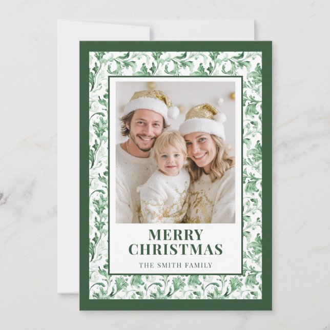 Green Floral Toile Christmas Photo Holiday Card (Front)