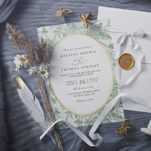 Green Floral Vintage MInimalist QR Code Wedding Invitation