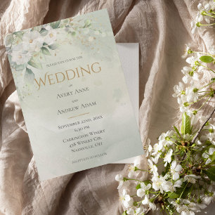 Green Floral Watercolor Gold Wedding Invitation
