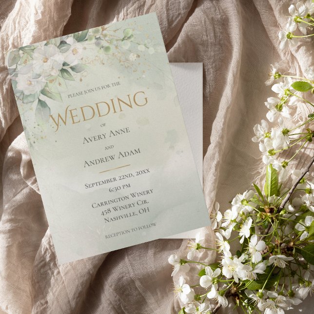 Green Floral Watercolor Gold Wedding Invitation (Creator Uploaded)