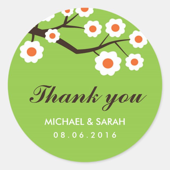 Green Floral Wedding Favour Thank You Sticker (Front)