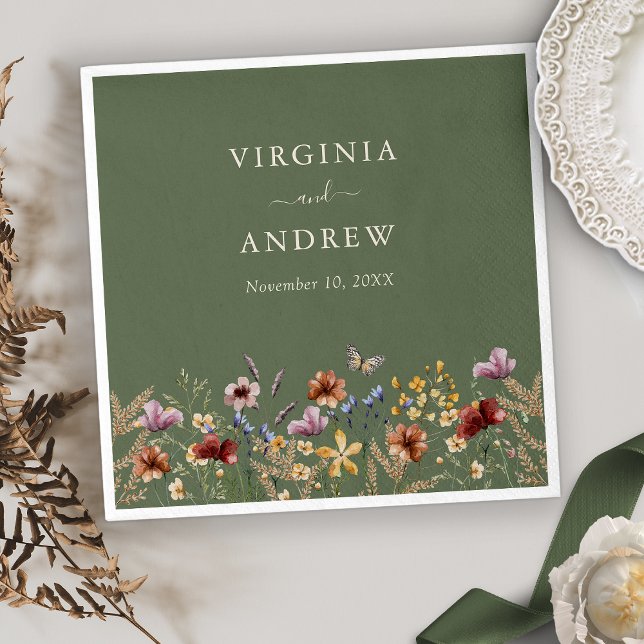Green Floral Wedding Napkin (Boho Sage Green Floral Wedding Napkins with Butterfly by Painted Paperie
)