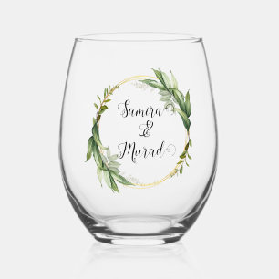Green Floral Wedding Stemless Wine Glass