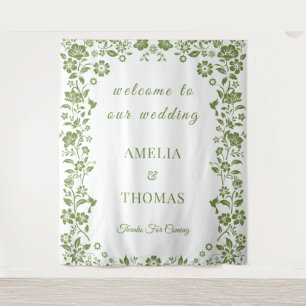 Green Floral Wedding Welcome Sign Tapestry