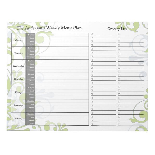 Green Floral Weekly Personalised Menu Plan Notepad (Front)