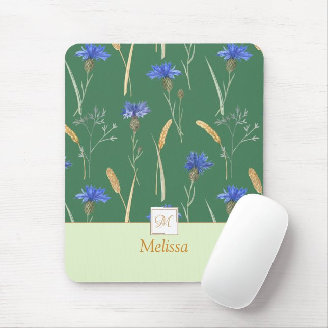 Green Floral Wildflower Monogram Mouse Pad (With Mouse)