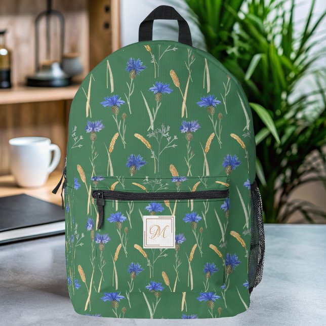Green Floral Wildflower Monogram Printed Backpack (Creator Uploaded)
