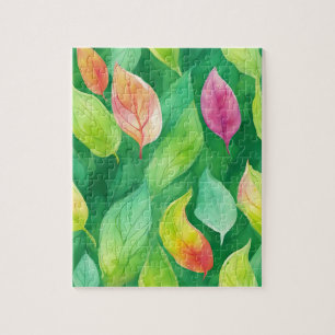 Green Floral With Autumn Leaves Jigsaw Puzzle