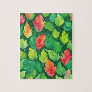 Green Floral With Autumn Leaves Jigsaw Puzzle