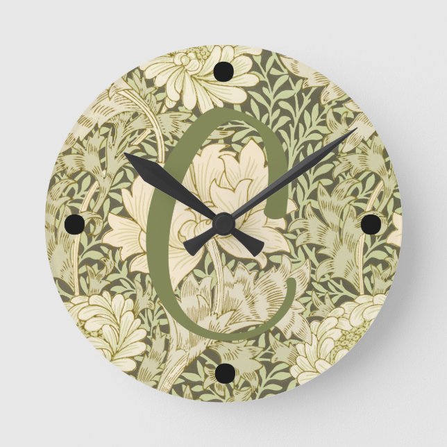 Green Floral Wm Morris Design Monogram Round Clock (Front)