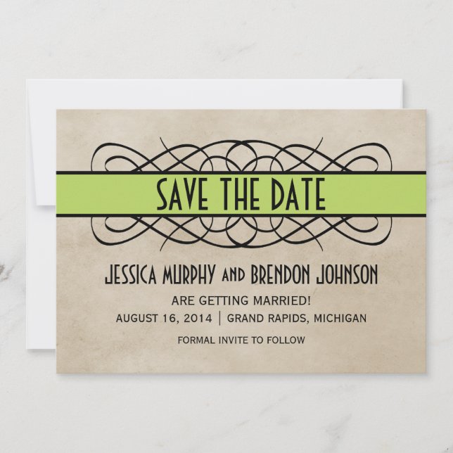 Green Flourish Border Save the Date Invite (Front)