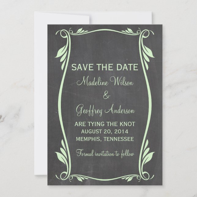Green Flourish Chalkboard Save the Date Invite (Front)