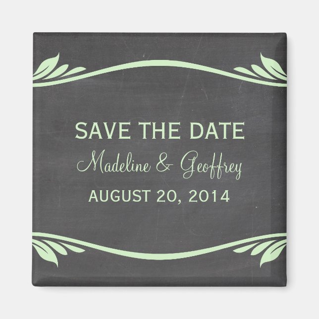 Green Flourish Chalkboard Save the Date Magnet (Front)