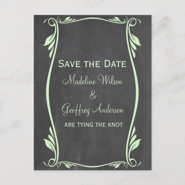 Green Flourish Chalkboard Save the Date Postcard (Front)