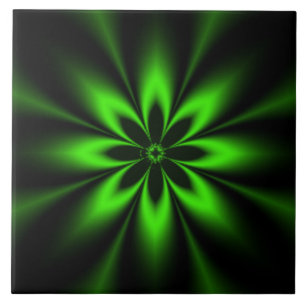 Green Flower Burst Fractal Ceramic Tile