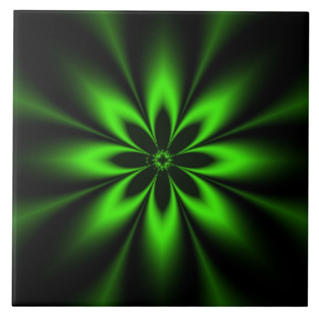 Green Flower Burst Fractal Ceramic Tile (Front)