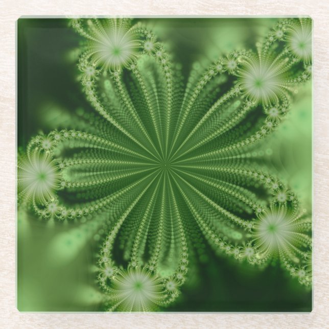 Green Flower Fractal Glass Coaster (Front)