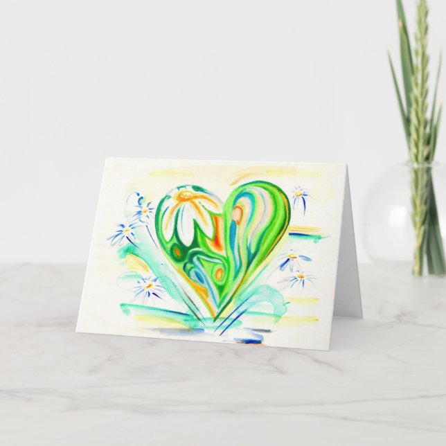 Green Flower Heart And Daisies Greeting Card (Front)