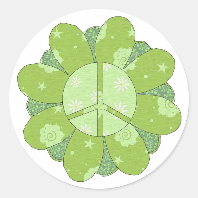 Green Flower Peace Sign Classic Round Sticker (Front)
