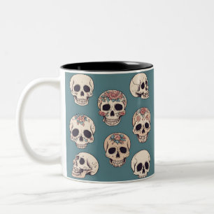 Green Flower Skulls Animated Colourful Halloween Two-Tone Coffee Mug