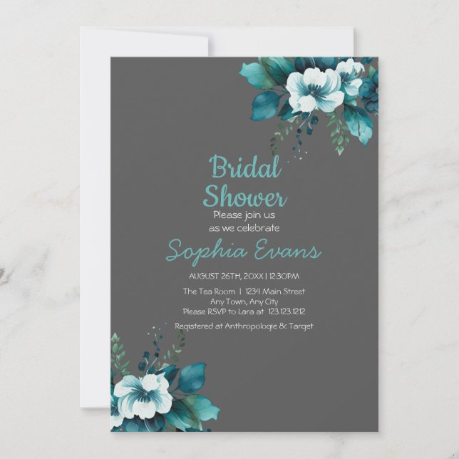 Green Flowers and Leaves Grey Bridal Shower Invitation (Front)
