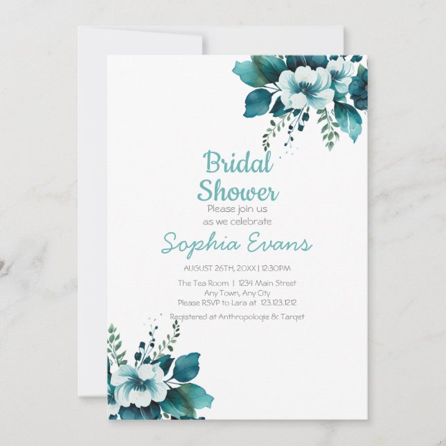 Green Flowers and Leaves White Bridal Shower Invitation (Front)