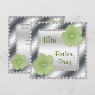 Green Flowers & Diamonds 18th Birthday Invitation