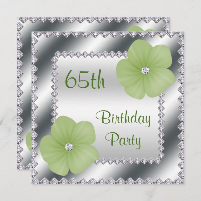 Green Flowers & Diamonds 65th Birthday Invitation (Front/Back)