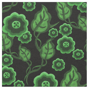 Green flowers/green leaves/Folk art floral 2 black Fabric