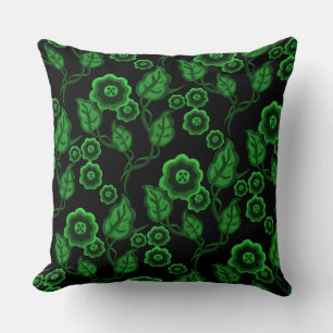 Green flowers, green leaves, Folk art floral/black Cushion