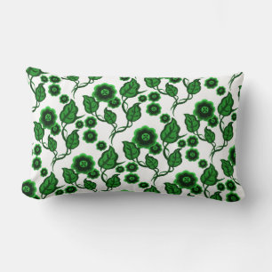 Green flowers, green leaves, Folk art floral Lumbar Cushion