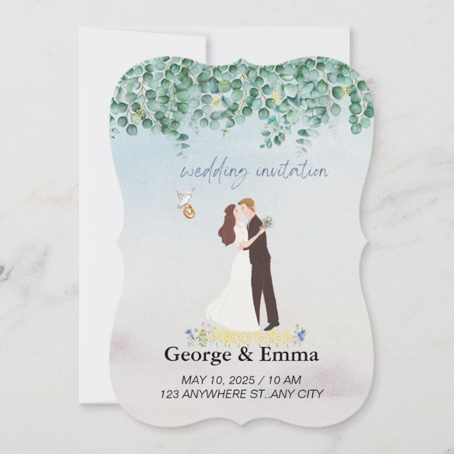 Green flowers illustration wedding invitation (Front)