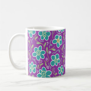 Green flowers on purple design coffee mug