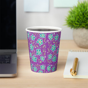 Green flowers on purple design paper cups