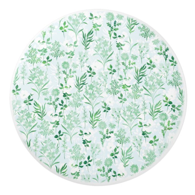 Green Flowers Painting Botanical  Ceramic Knob (Front)