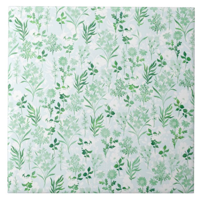 Green Flowers Painting Botanical  Ceramic Tile (Front)