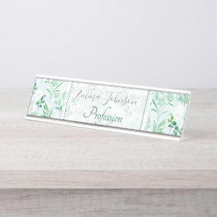 Green Flowers Painting Botanical Desk Name Plate