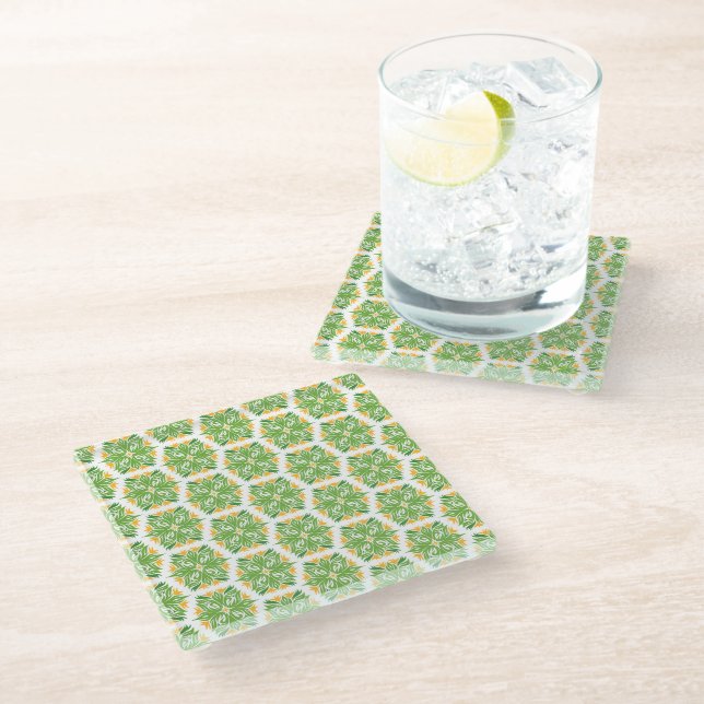 Green Flowers, Pattern Of Flowers, Floral Pattern Glass Coaster (Angled)