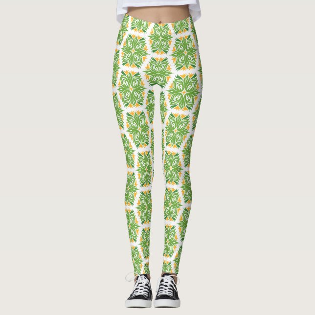 Green Flowers, Pattern Of Flowers, Floral Pattern Leggings (Front)