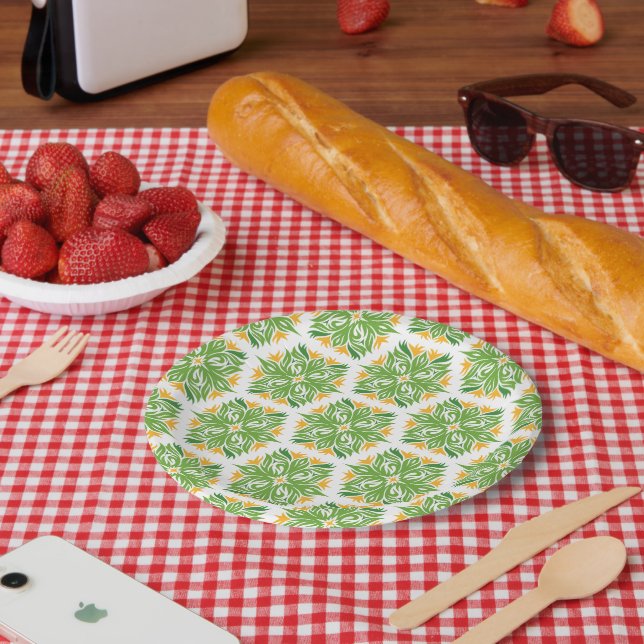 Green Flowers, Pattern Of Flowers, Floral Pattern Paper Plate (Picnic)