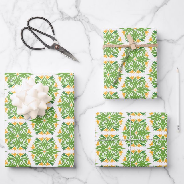 Green Flowers, Pattern Of Flowers, Floral Pattern Wrapping Paper Sheet (Front)