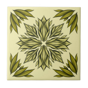 Green Flowers Pattern Retro Modern Botanical Ceramic Tile