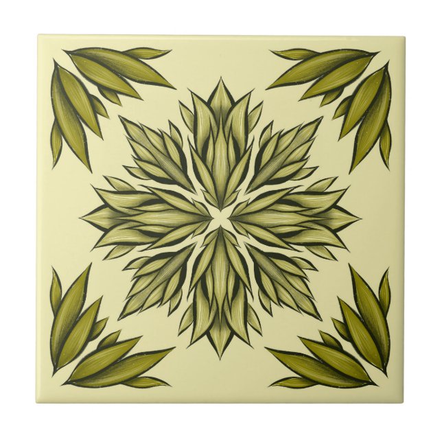 Green Flowers Pattern Retro Modern Botanical Ceramic Tile (Front)