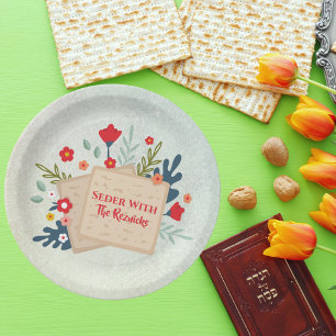 Green Flowers with Matzah Passover Seder Paper Plate