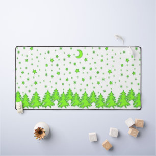 Green fluorescent Christmas trees, moon and stars Desk Mat