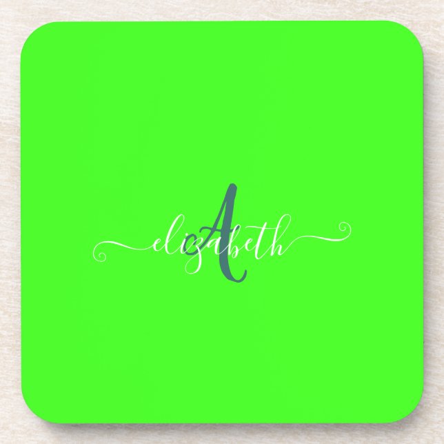 Green Fluorescent Neon Monogram  Coaster (Front)